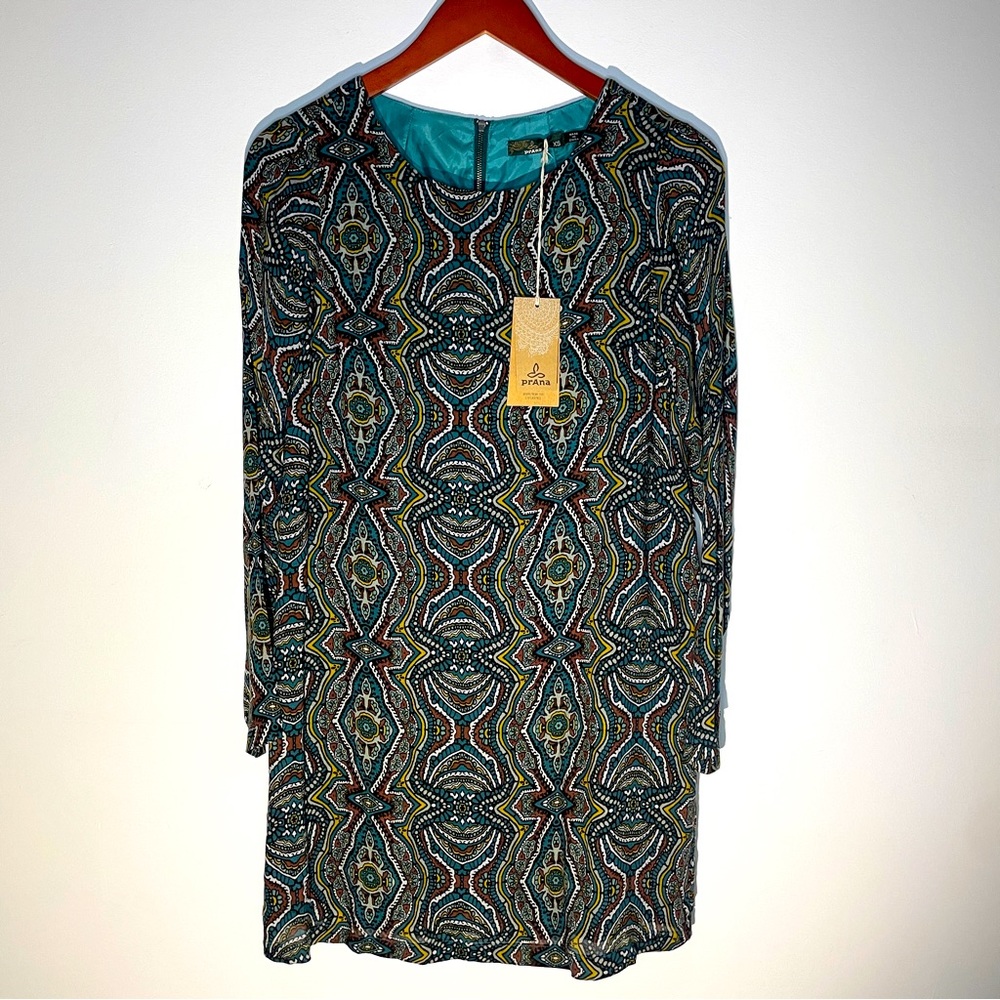 Prana Cece Shift Dress Blue Green Women’s XS Long Sleeve NWT